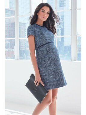 Seraphine Maternity Navy Tweed Career Dress 8 Short Sleeve Fringe Trim Boucle